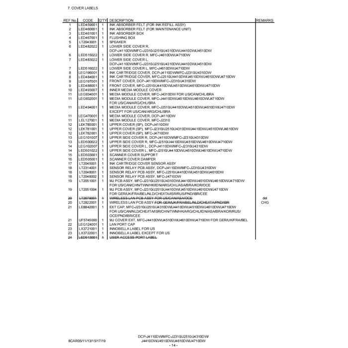 Brother Inkjet-MFC J2310DW J4310DW J4410DW J4510DW J4610DW J4710DW Inkjet-DCP J4110DW Part List Manual