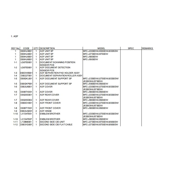 Brother Inkjet-MFC J2330DW J2730DW J5330DW J5335DW J5730DW J5830DW J5930DW Part List Manual