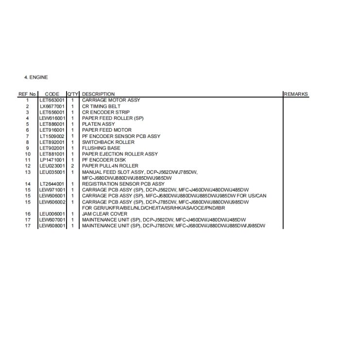 Brother Inkjet-MFC J460DW J480DW J485DW J680DW J880DW J885DW J985DW Inkjet-DCP J562DW J785DW Parts List Manual